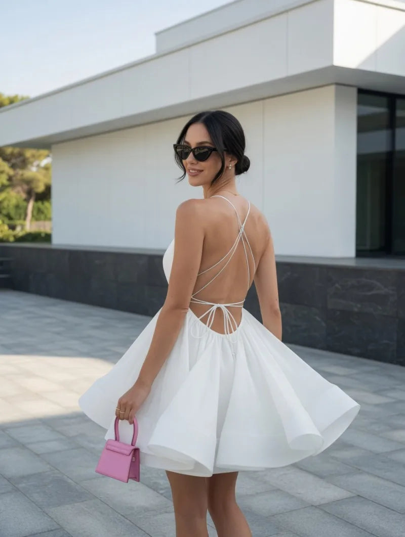 LIZAKOSHT  -  Vacation Beach Dress For Women Summer Sexy Deep V Neck Loose Solid Camisole Dresses Fashion Bandage Backless Ruffle Party Dress