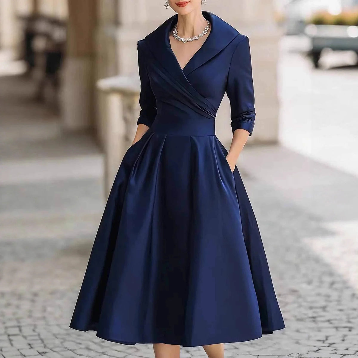 LIZAKOSHT  -  Women Elegant Wedding Guest Satin Dress Turndown Collar Mid-Length Waisted A-Line Evening Dress Cocktail Party Midi Dresses