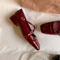 LIZAKOSHT  -  japanned leather cross band pumps women square toe low heel mary janes shoes woman crystal buckle zapatos de tacón mujer