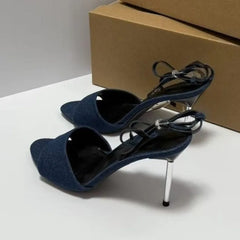 LIZAKOSHT  -  Summer Blue Demin Women High Heels Sandals Sexy Ankle Strap Peep Toe Party Prom Dress Stiletto Elegant Ladies Shoes