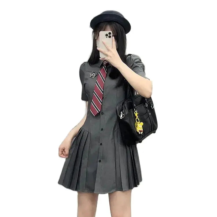 LIZAKOSHT  -  Women Dress Sweet Original JK Uniform Mini Dresses Gray Slim  Preppy Pleated Short Skirts Summer Female Trendy Clothes