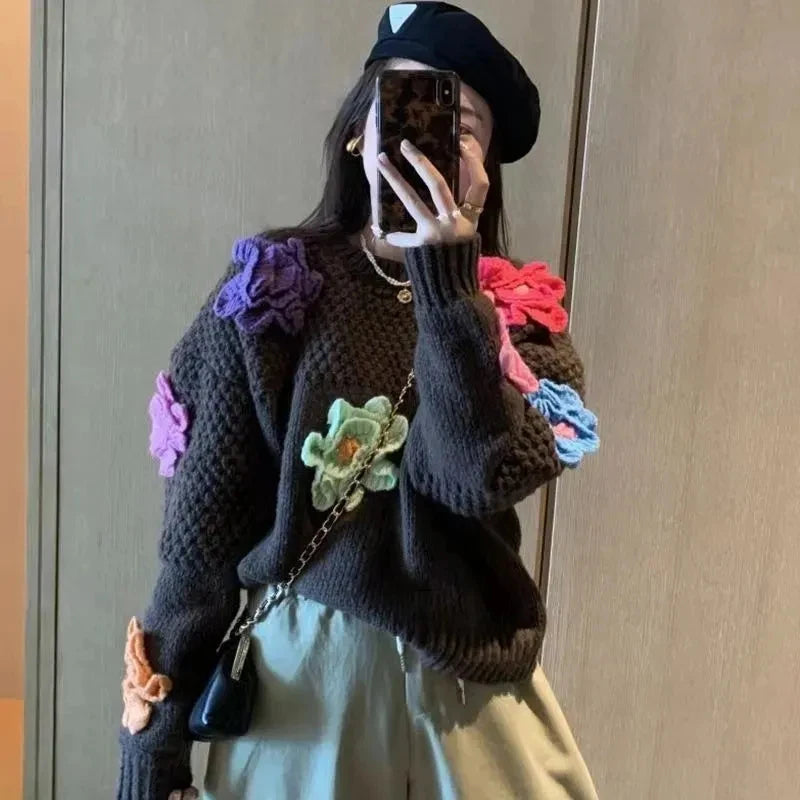 LIZAKOSHT  -  3D Floral Sweet Knit Sweater Women Loose Casual Lazy Wind Cute Long Sleeve Pullovers French Fall Winter Solid O Neck Jumpers New