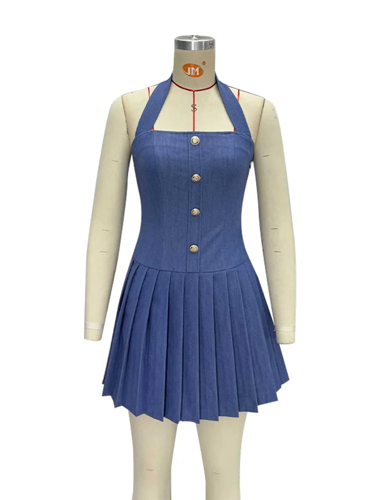 LIZAKOSHT  -  Fashion Pleated Halter Jeans Short Dress For Women Metal Button High Waist Mini Dress Lady Summer New Chic Street Vestidos