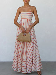 LIZAKOSHT  -  Strap casual vacation dress with printed stripes high waist and big swing summer new women's long dress