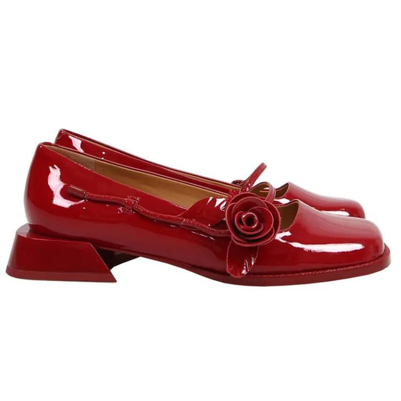 LIZAKOSHT  -  rose flower patent leather shoes woman brand designer sqaure toe pumps female thick heel button strap mary janes talons hauts
