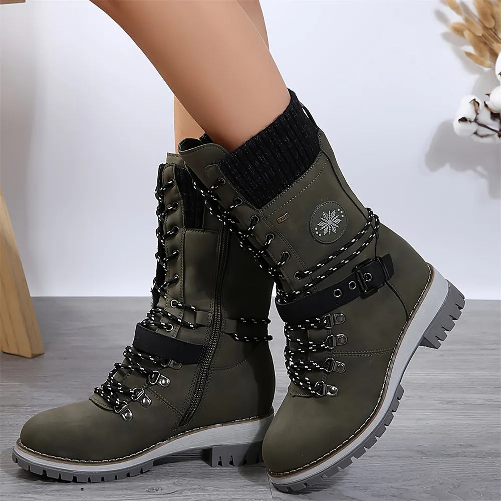 LIZAKOSHT  -  Plus Size 43 Women's Fashion Thermal Mid Calf Boots Knitted Splicing Lace Up Side Zipper Winter Boots Wedges heels Outdoor Boots