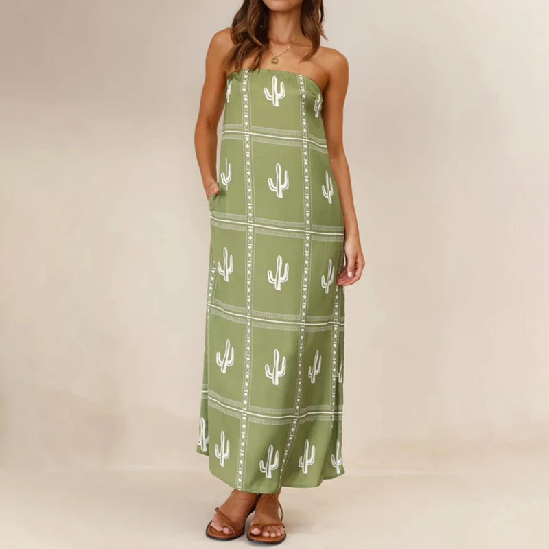 LIZAKOSHT  -  Women Graphic Strapless Long Tube Dress Vintage Off Shoulder Backless Maxi Dress Flowy Summer Holiday Beach A-line Dress