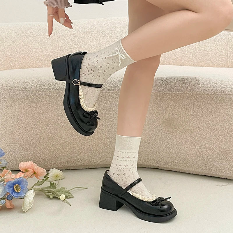 LIZAKOSHT  -  Cute Polka Dot Thick Heel Women Mary Jane Shoes Comfort Shallow Strap Pumps Ladies Eelgant Butterfly-knot Dress Single Shoes
