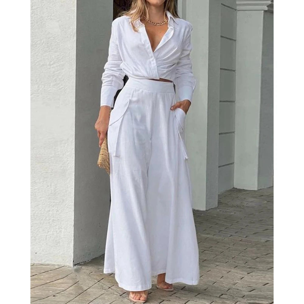2024 Women Solid Long Sleeve Ruched Crop Shirt & High Waist Pants Work Suit Sets Female V-Neck Top 2 Pieces Suit Sets Casual