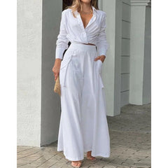 2024 Women Solid Long Sleeve Ruched Crop Shirt & High Waist Pants Work Suit Sets Female V-Neck Top 2 Pieces Suit Sets Casual