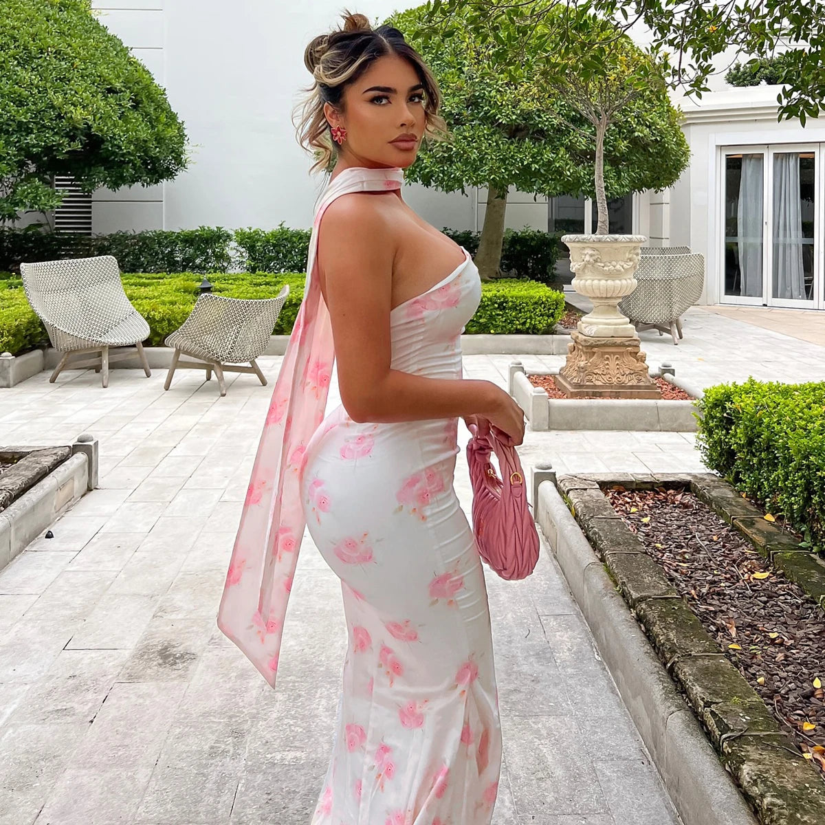 LIZAKOSHT  -  Elegant Floral Print Strapless Ribbon Sexy Bodycon Maxi Prom Dress Summer Women Clothes Birthday Party Festival