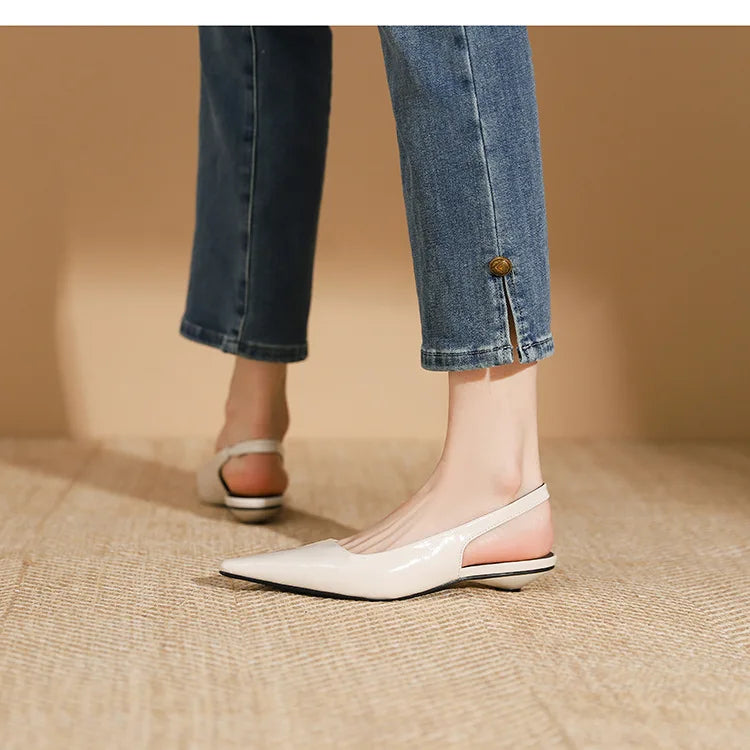 LIZAKOSHT -  Delicate Red Shiny Leather Sandals Woman Slingback Low Heels Shoes Ladies Party Brides Tacones Mujer Pointed Toe Flats Sandalias