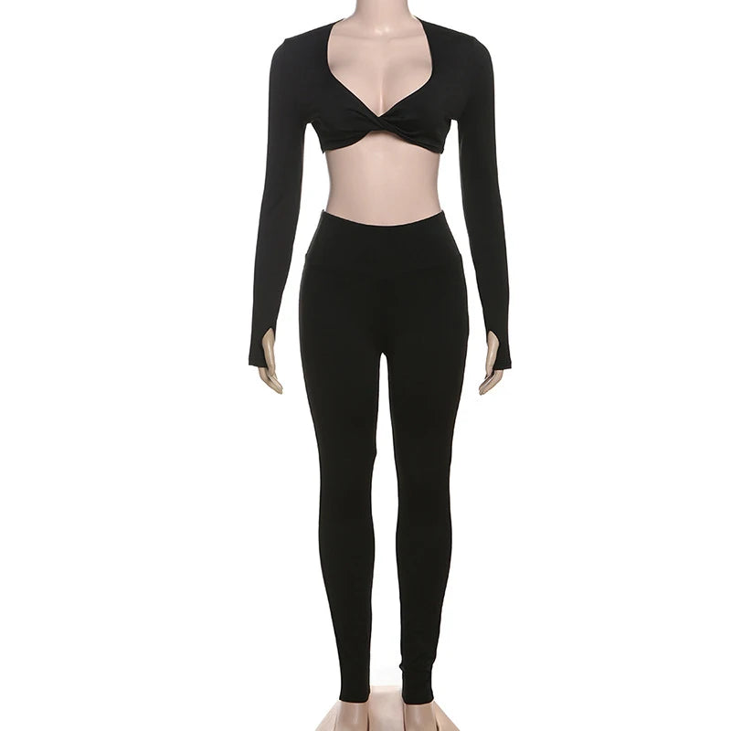 LIZAKOSHT  -  Women's Sporty Sets Solid V Neck Long-sleeved Crop Top and High Waist Pants Elastic Fitness Workout Trendy Street Outfits
