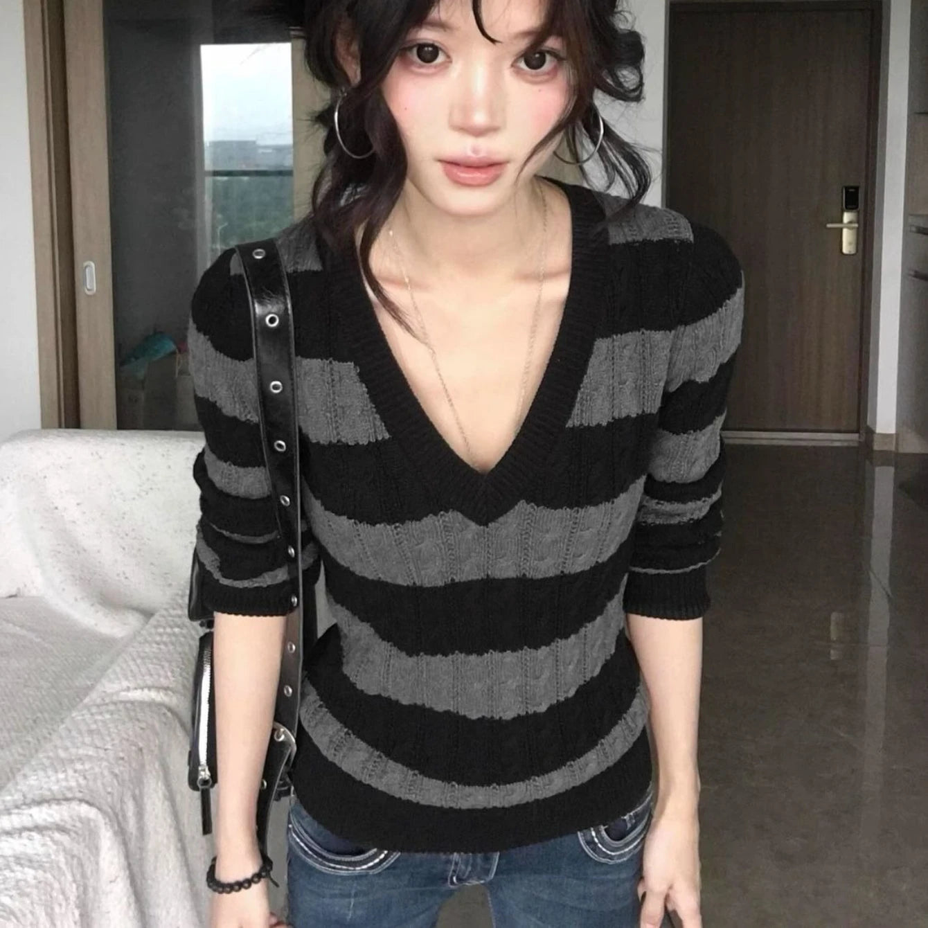 LIZAKOSHT  -  Striped Sweater Vintage Women V-neck Harajuku Slim Pullovers Casual Cable Knit Knitwear Shirt Streetwear Y2k Fall Sweater Tops