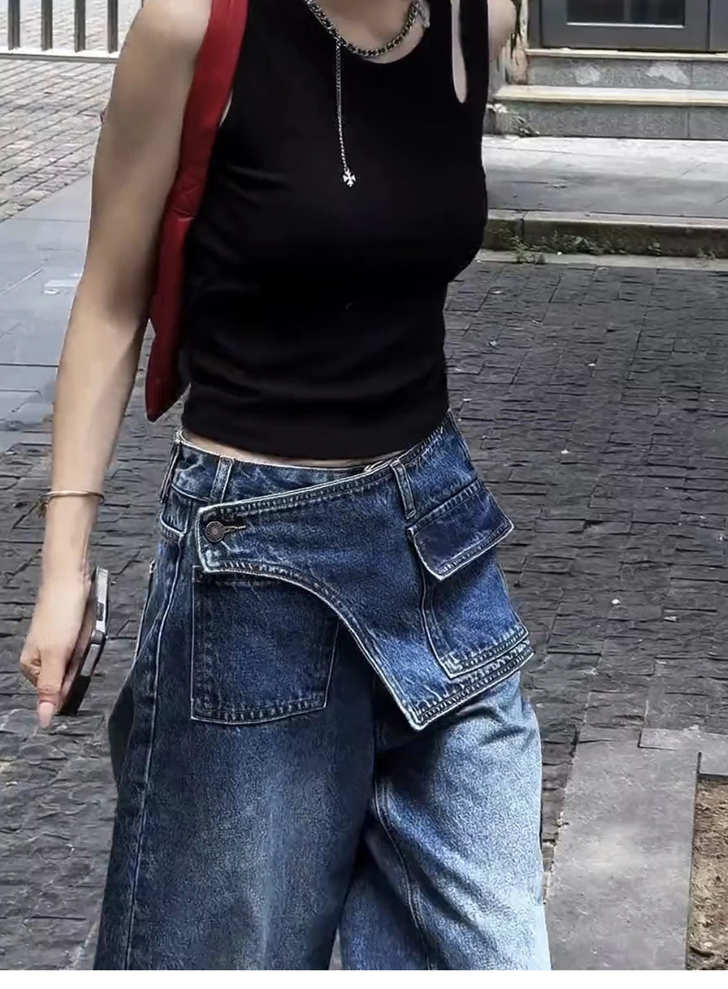 LIZAKOSHT  -  Women Casual Eclectic Waif 2000s Jeans American Vintage Patchwork Jeans Y2K Harajuku Street Style Washed Pockets Denim Trouser