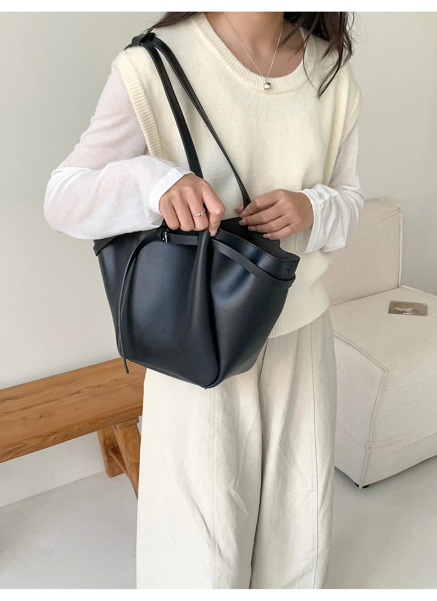 LIZAKOSHT  -  Soft PU Large Capacity Tote Bag Women Fashion Korean Style Commuter Shoulder Bag Solid Color Retro Minimalist Handbag