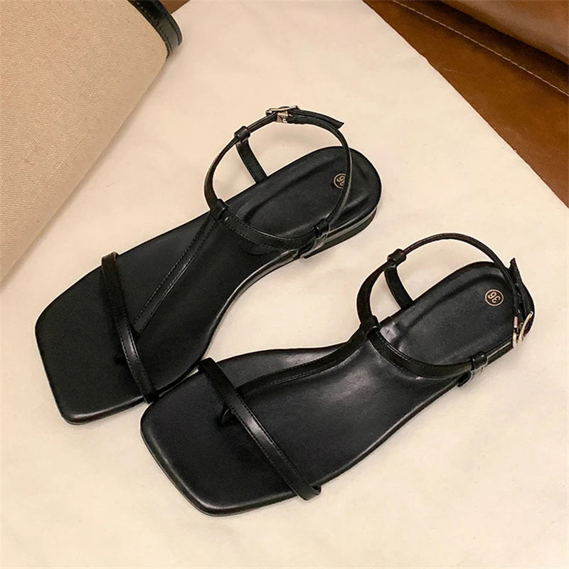 LIZAKOSHT  -  New Simple T-Strap Square Toe Flat Sandals Women Fashion Solid Color Soft Sole Roman Shoes Sandalias Mujer
