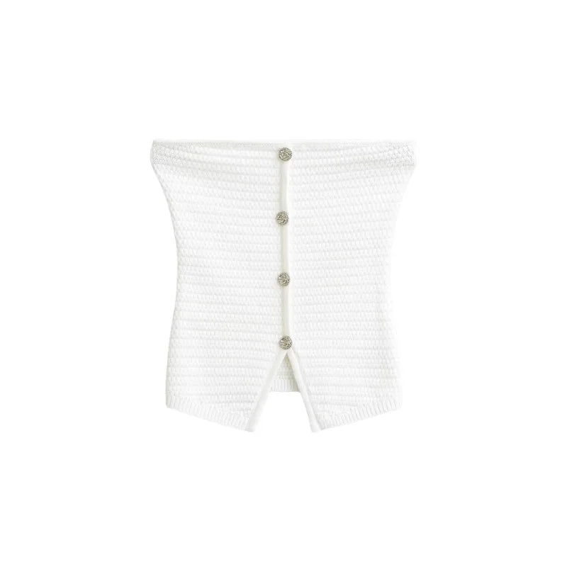 LIZAKOSHT  -  Women Off The Shoulder Button Up Sleeveless Knitted Crop Top