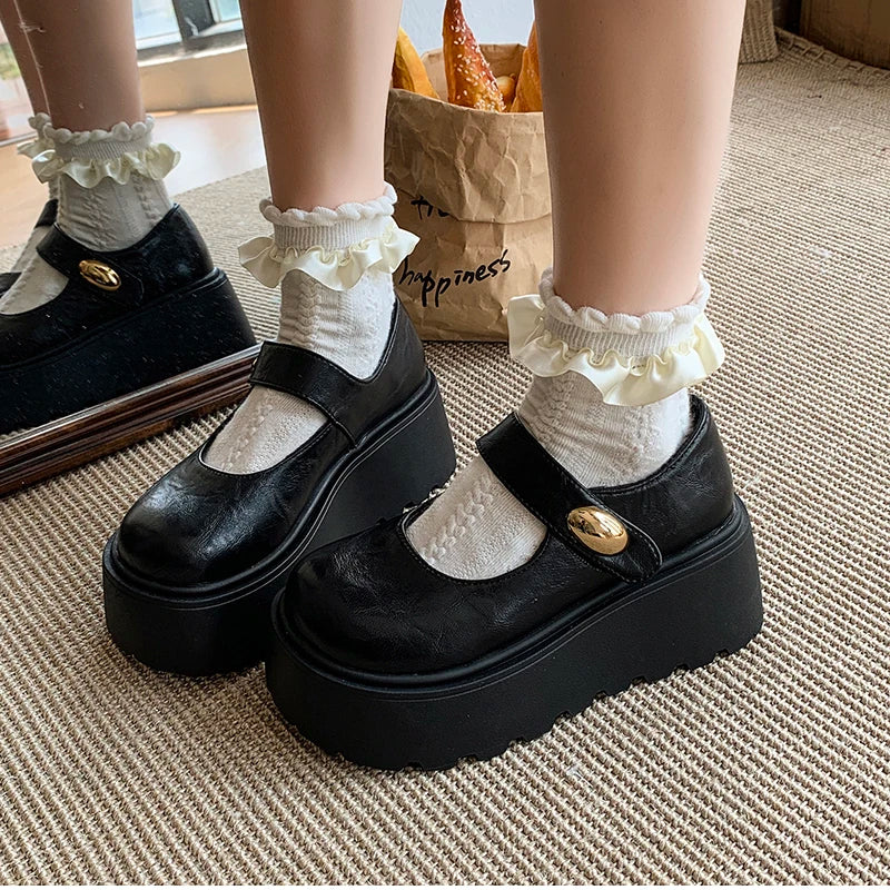 LIZAKOSHT  -  Autumn Vintage Platform Women Mary Jane Shoes  Fashion Outdoor Stripper Shoes Ladies Thick High Heels jk Leather Pumps