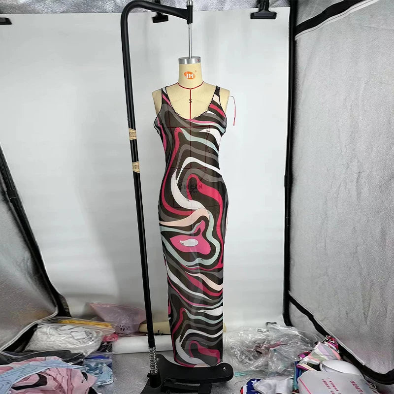 LIZAKOSHT  -  Sexy Women's Sheer Mesh Bodycon Maxi Dress Chic Print Sleeveless Slim Fit Beach Vacation Long Dresses Casual Daily Female Outfit