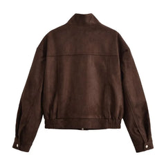 LIZAKOSHT  -  Vintage Suede Bomber Jacket For Women Brown Short Coat High Collar Long Sleeves With Pockets Overcoat New Autumn Winter