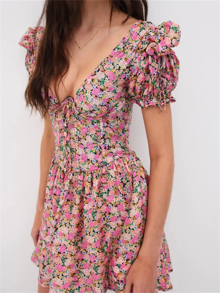 LIZAKOSHT  -  Retro Women Floral Print Summer Mini Dress Short Puff Sleeve Deep V Neck Backless Tie Up Party Dress Female Vestidos