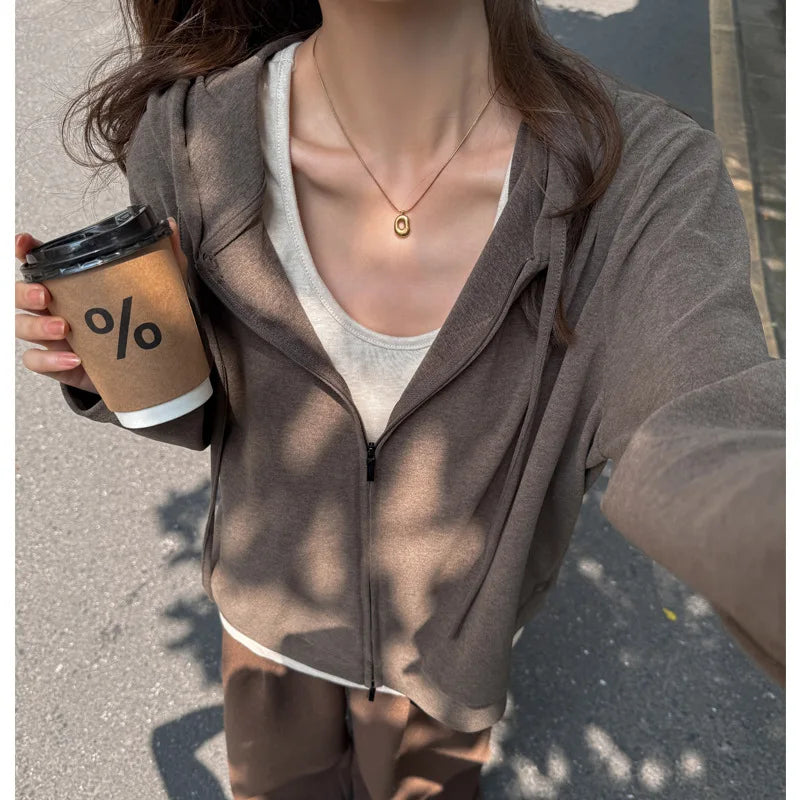 LIZAKOSHT  -  Zip Up Solid Drawstring Hoodie Sweatshirts Double Zip Women Autumn Pockets Oversized Outerwear Sporty Korean Sweatshirts Coat