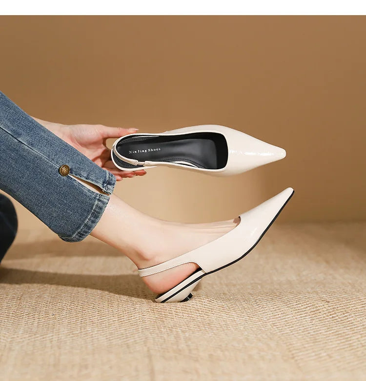 LIZAKOSHT -  Delicate Red Shiny Leather Sandals Woman Slingback Low Heels Shoes Ladies Party Brides Tacones Mujer Pointed Toe Flats Sandalias