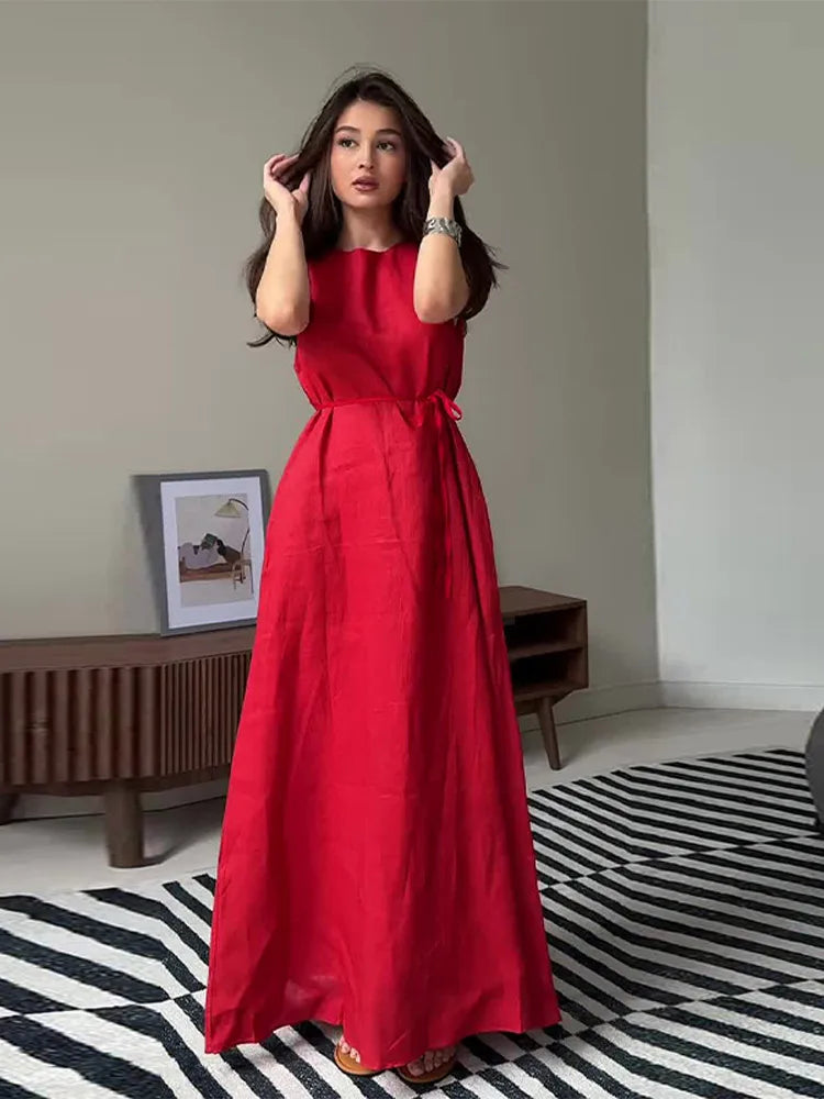 LIZAKOSHT  -  Lace Up Sleeveless Maxi Dresses Woman Cotton Linen Loose  O-neck Long Dress Ladies Casual Solid Colors Summer Office Robe