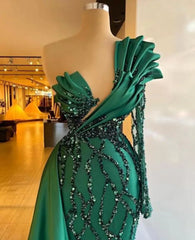LIZAKOSHT  -  One Shoulder Mermaid Prom Dresses Long Sleeve Full Beaded Lace Stain Hunter Green Aso Ebi Evening Eneagament Dress