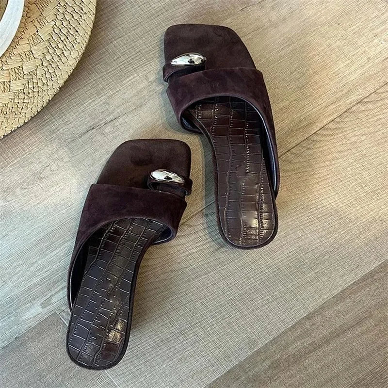 LIZAKOSHT  -  Vintage Clip Toe Brown Suede Metal Toe Flat Sandals Women Square Open Toe Slide Slippers Casual Summer Flip Flops