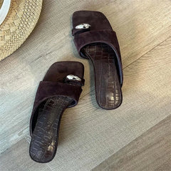 LIZAKOSHT  -  Vintage Clip Toe Brown Suede Metal Toe Flat Sandals Women Square Open Toe Slide Slippers Casual Summer Flip Flops