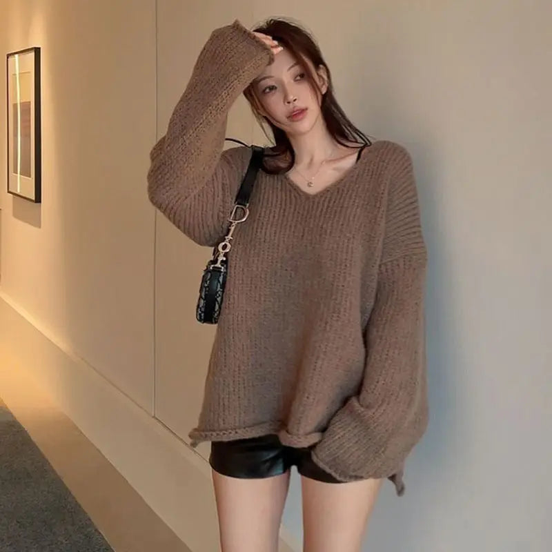 LIZAKOSHT  -  Sweaters Brown V-Neck Slit Autumn Retro Knitted Jumper Tops Y2K Harajuku Casual Women Basic Loose Pullover Korean Style