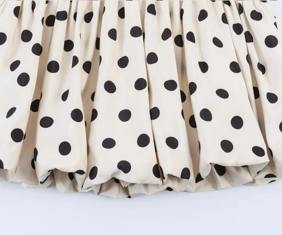 LIZAKOSHT  -  Summer Sweet Apricot Polka Dot Print Mini BUD Skirt Women Side Zipper Ball Gown Ruhced Swing Skater Short Skirts Party Girl's