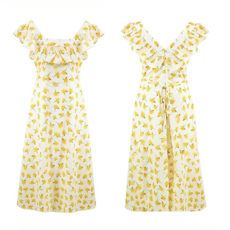 LIZAKOSHT  -  French Floral Dress Female Summer Slim Square Collar Temperament Ruffled Long Skirt
