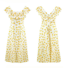 LIZAKOSHT  -  French Floral Dress Female Summer Slim Square Collar Temperament Ruffled Long Skirt