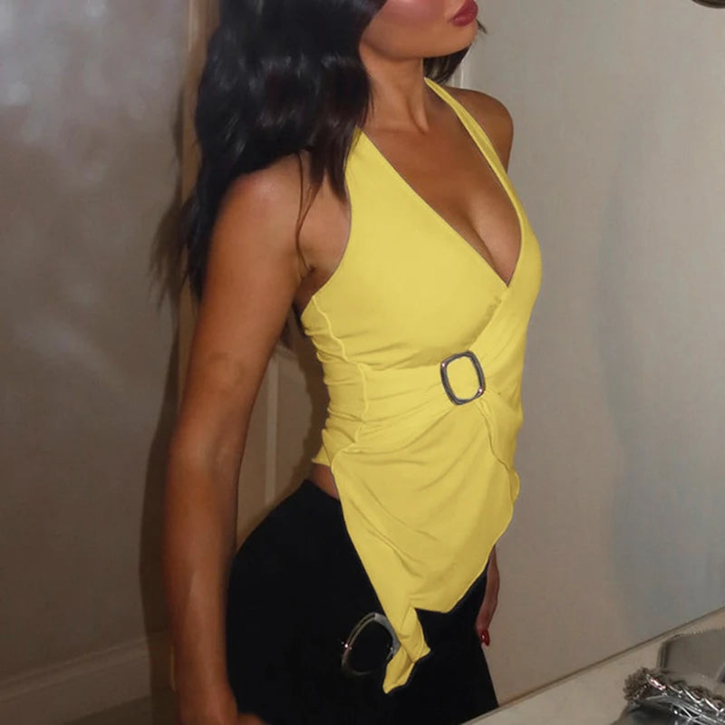 LIZAKOSHT  -  Summer Solid Sleeveless Halter V Neck Backless Buckle Backless Lacing Sexy Crop Top for Women Club Partywear