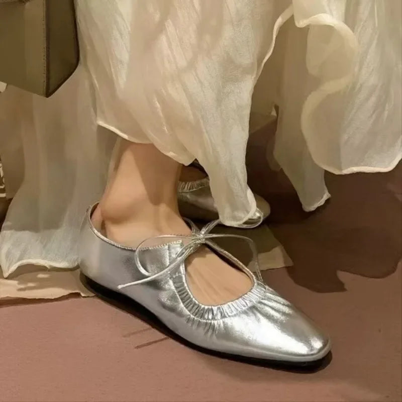 LIZAKOSHT  -  Spring/Summer Women Shoes Ballet Flats Ladies Leather Shoes Girl New Narrow Band Silver Flats Bling Bling Gold Round Loafer
