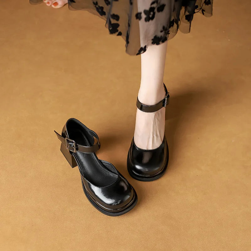 Lizakosht Hollow Sandals Women's Summer New Style One Line Strap Single Shoes Women's High Heels Thick Heels Retro Mary Jane