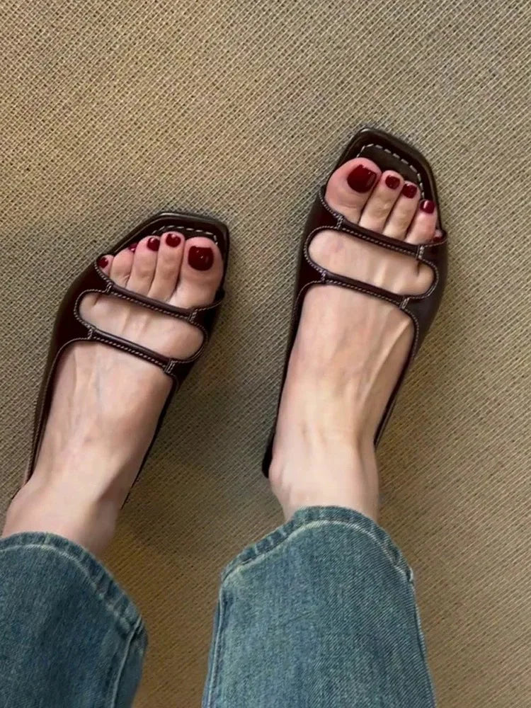 LIZAKOSHT  -  Designer Retro Summer Buckle Sandals French Elegant Women Flat Sandals Beach Square Toe Roman Shoes Ladies