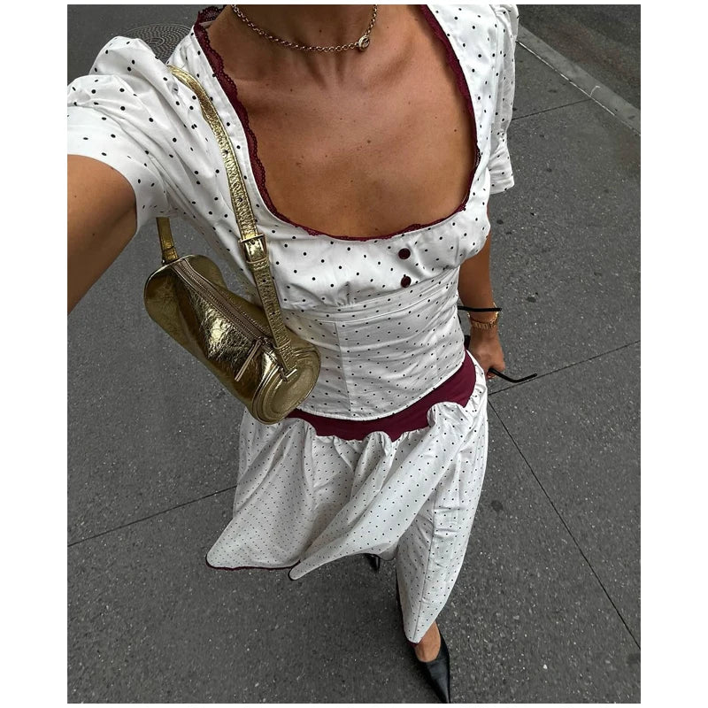 LIZAKOSHT  -  Solid Polka Dot Long Skirt Suit Women U Neck Short Sleeves Lace Ruffle Waist Cinching 2-piece Set Lady Summer Holiday Outfit New