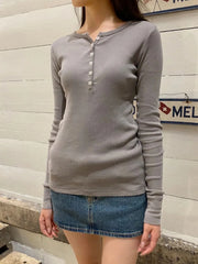 LIZAKOSHT  -  Six Buttons Ribbed Long Sleeve T-shirts Woman Autumn O-neck Cotton Slim Tee Tops Female Casual Simple Solid All-match Tshirt New