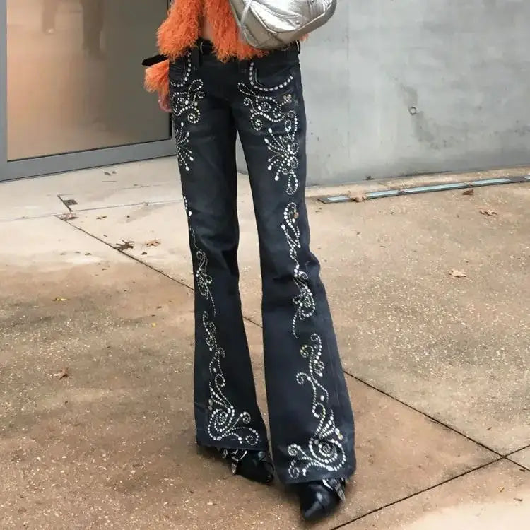 LIZAKOSHT  -  American Jeans Hot Girl Printed Gem Pattern Women New Design Micro-Flared Floor-Length Trousers