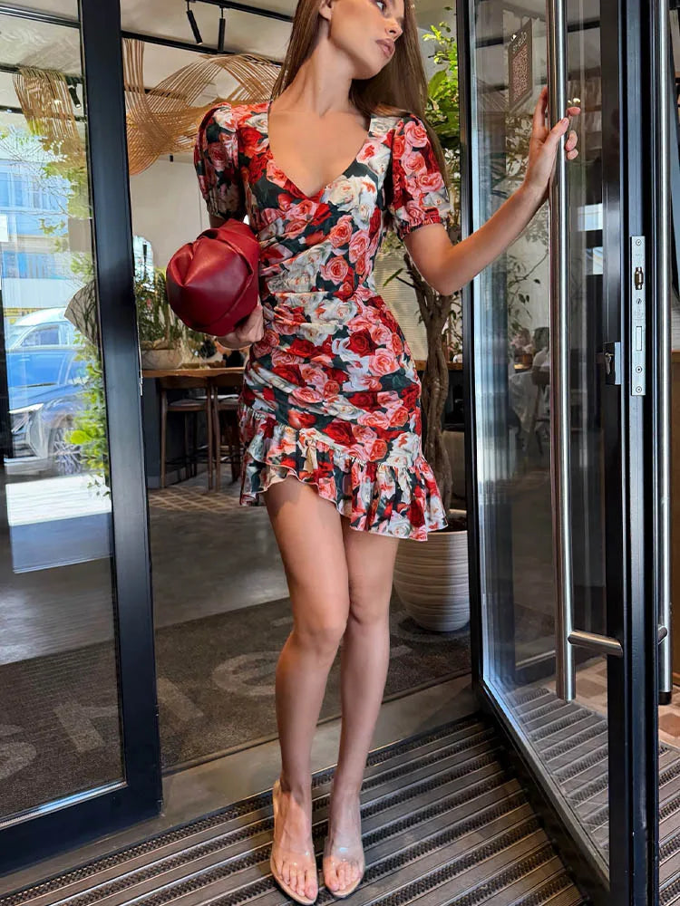 LIZAKOSHT  -  Holiday Print Women Mini Dresses Fashion Casual Deep V-Neck Short Sleeves Vestidos Summer Female Sexy Club Party Outfits Bodycon