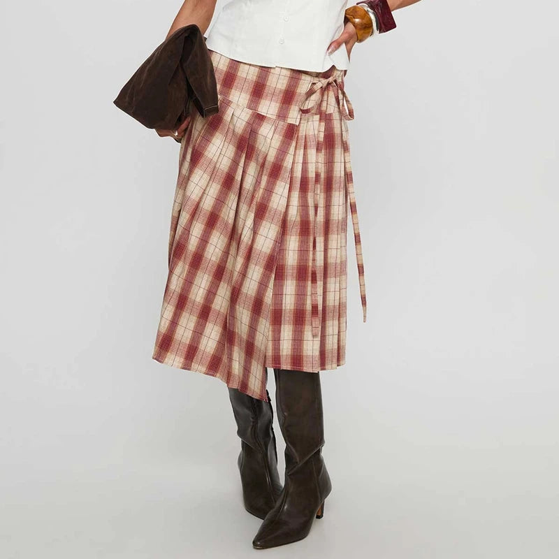 LIZAKOSHT  -  Women Vintage Plaid Midi Skirt Stylish Irregular Hem Bow Tie Pleated Skirts Preppy Cute Y2k Gingham A Line Skirt