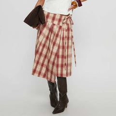 LIZAKOSHT  -  Women Vintage Plaid Midi Skirt Stylish Irregular Hem Bow Tie Pleated Skirts Preppy Cute Y2k Gingham A Line Skirt