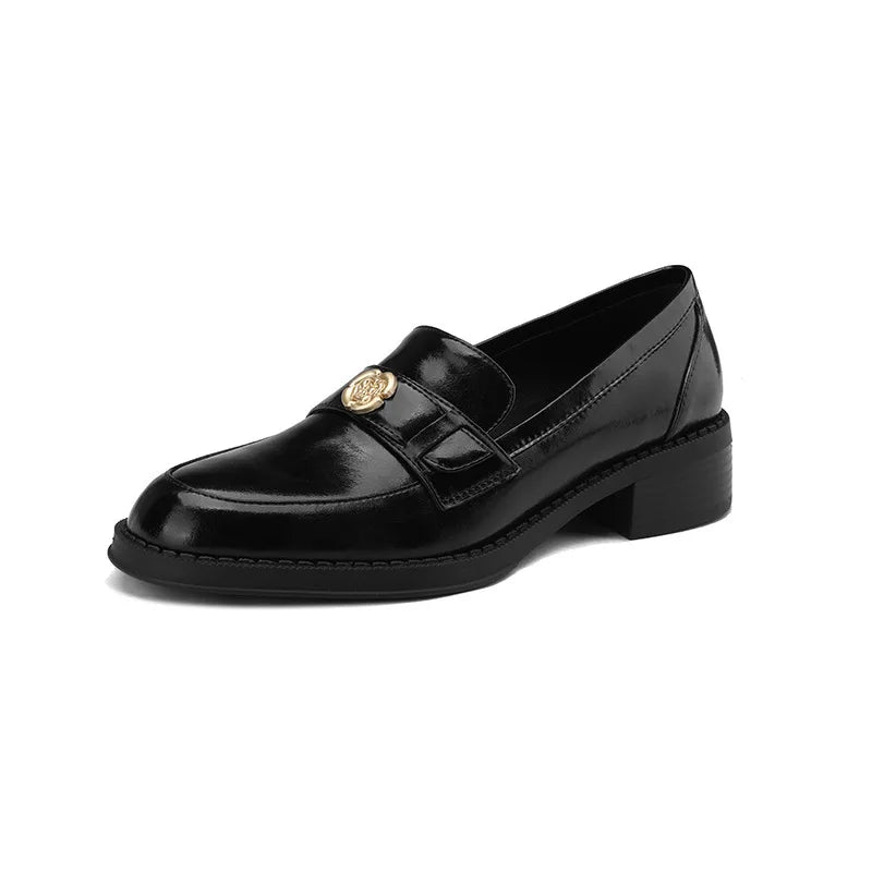 LIZAKOSHT  -  Women's British Shoe Autumn New Thick Heel Women Leather Shoe Versatile Anti Slip Women Casual Shoes Gold Buckle Women's Loafers