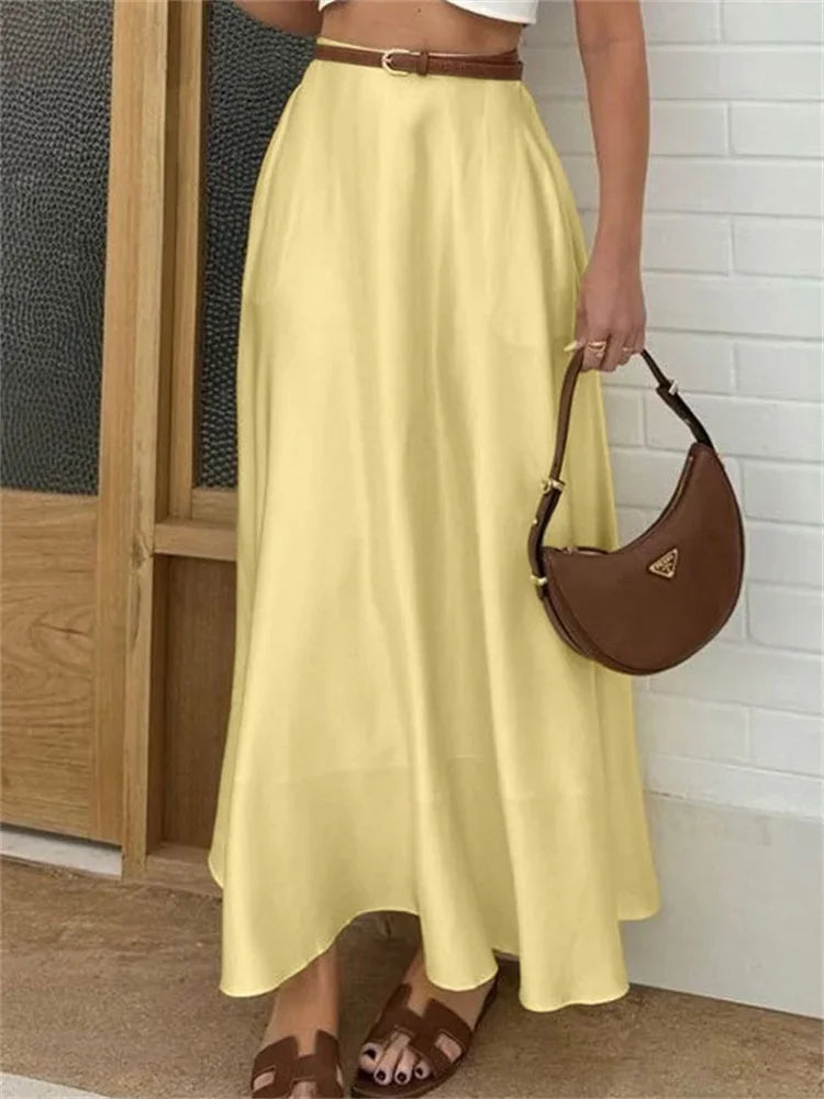 LIZAKOSHT  -  Satin Yellow Maxi Skirt for Women – High Waist Slim Fit Pocket Design Draped Silky Long Skirt Elegant Summer Outfit