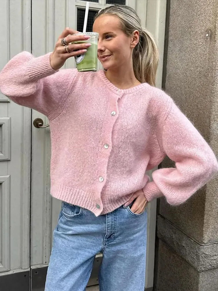 LIZAKOSHT  -  Round Neck Sweater Cardigan Minimalism Cute Soft Waxy Knitted Short Coat Jacket Women Casual Loose Slimming Single Breasted Top