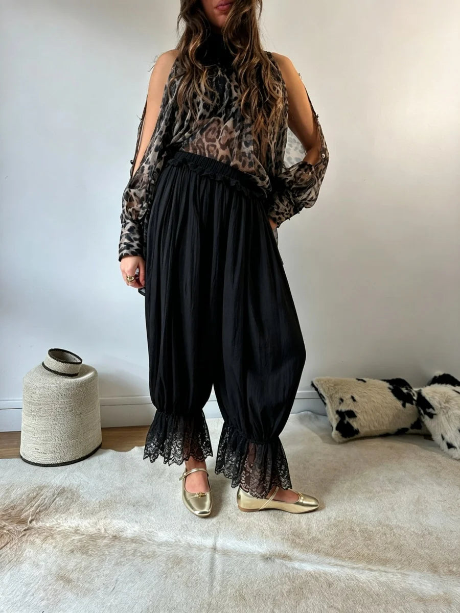 LIZAKOSHT  -  Coquette Aesthetic Bloomer Pants Women Sexy Lace Trim Ruffle Harem Pants Cute Balletcore Drawstring Loose Wide Leg Trousers